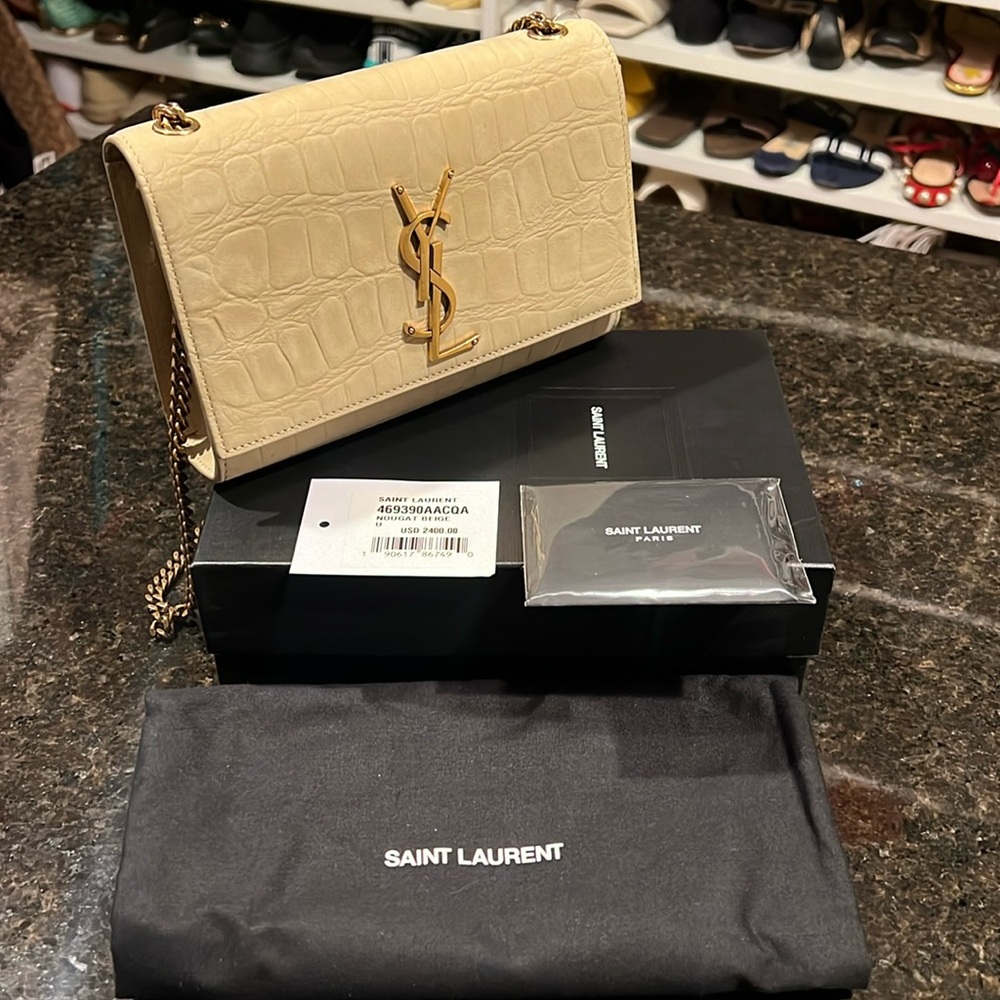 Kate Small YSL Crossbody Bag in Croc-Embossed Nubuck